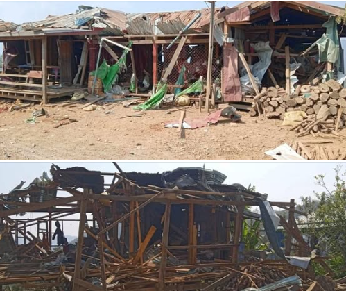Civilian houses destroyed in Hata village, Hakha township by SAC aerial attacks on 23 February