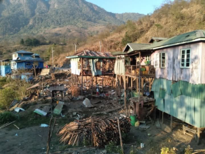 Civilian houses destroyed in SAC aerial attacks in Tlangzar village, Falam township on 16 March