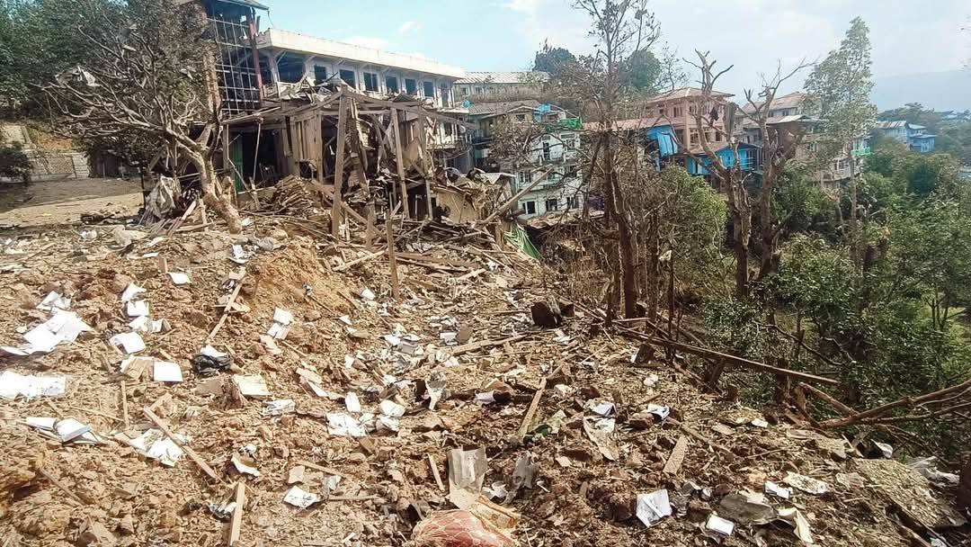 Destruction of civilian houses and church building in Mindat town after SAC bombardment on 13 April