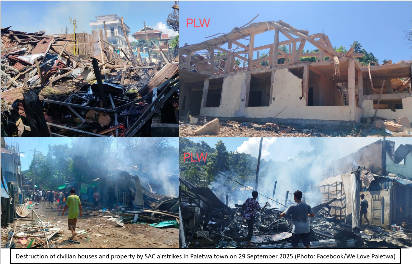 Destruction of civilian houses and property by SAC airstrikes in Paletwa town on 29 September 2025 (Photo: Facebook/We Love Paletwa)