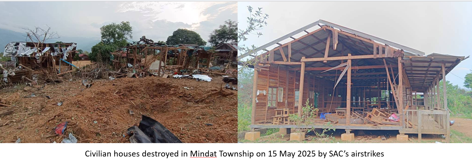 Airstrikes in Mindat Township, destroying houses and roads on 15 May 2025