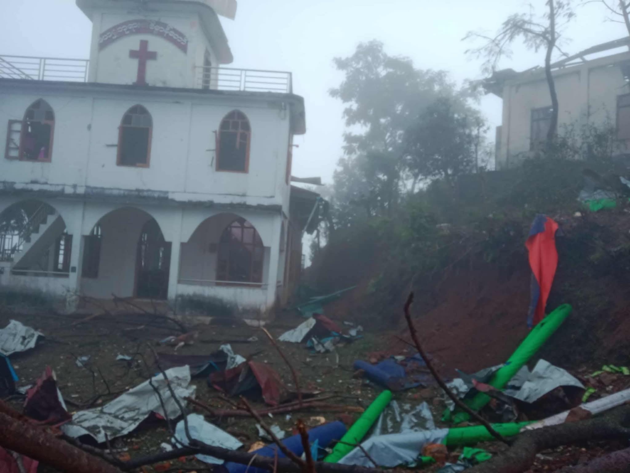 A church building in Matupi town damaged by SAC's airstrikes on 11 October 2025 (Photo: Facebook/Salai William)