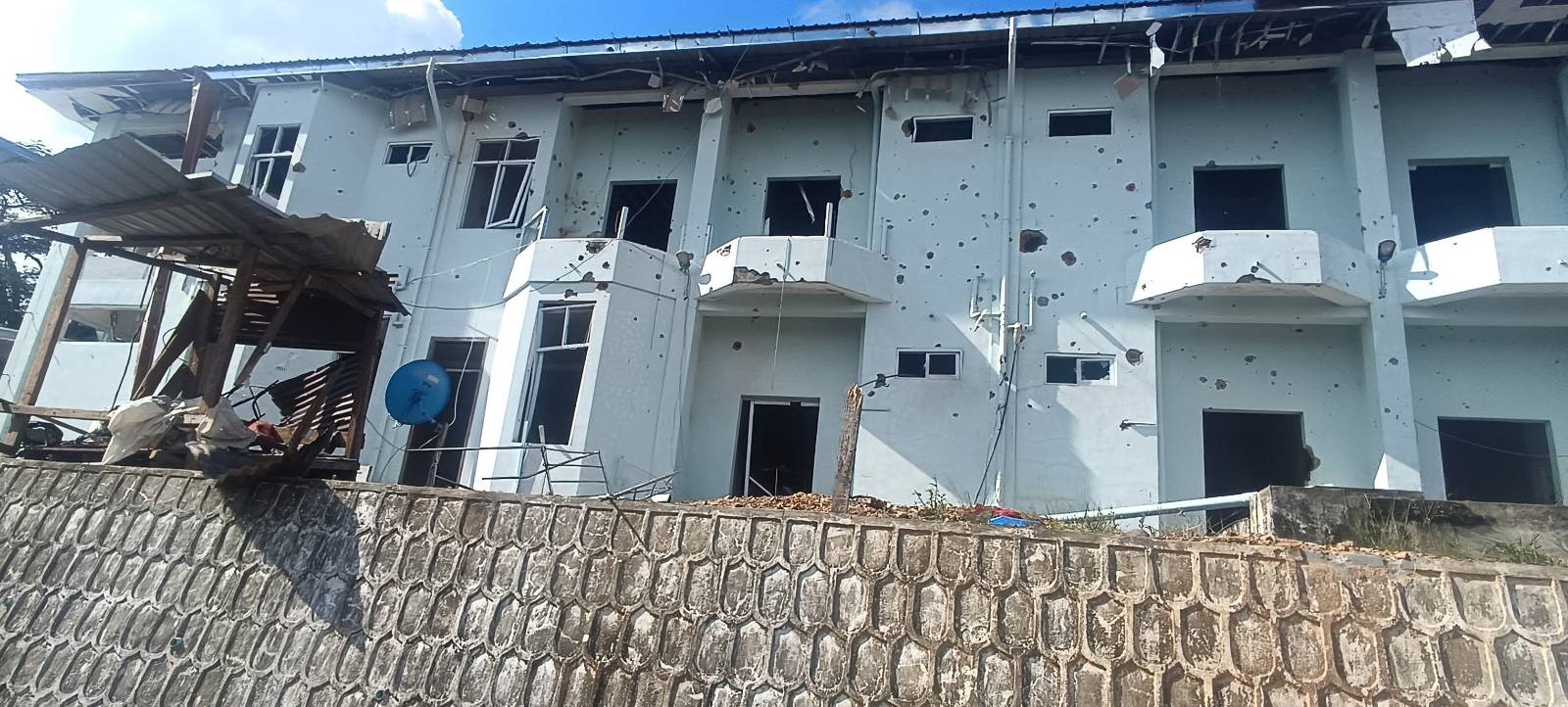 A former police station in Mindat town damaged by SAC airstrikes on 26 October 2025 (Photo: Facebook/Zalen)