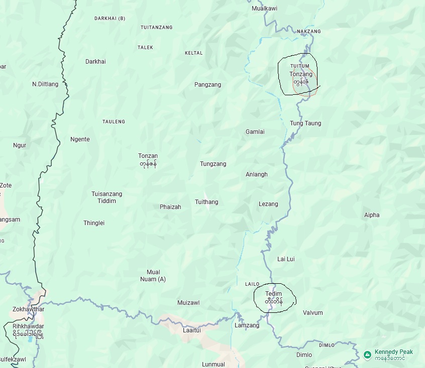 Locations of Tedim and Tonzang towns (Photo: Google Map)