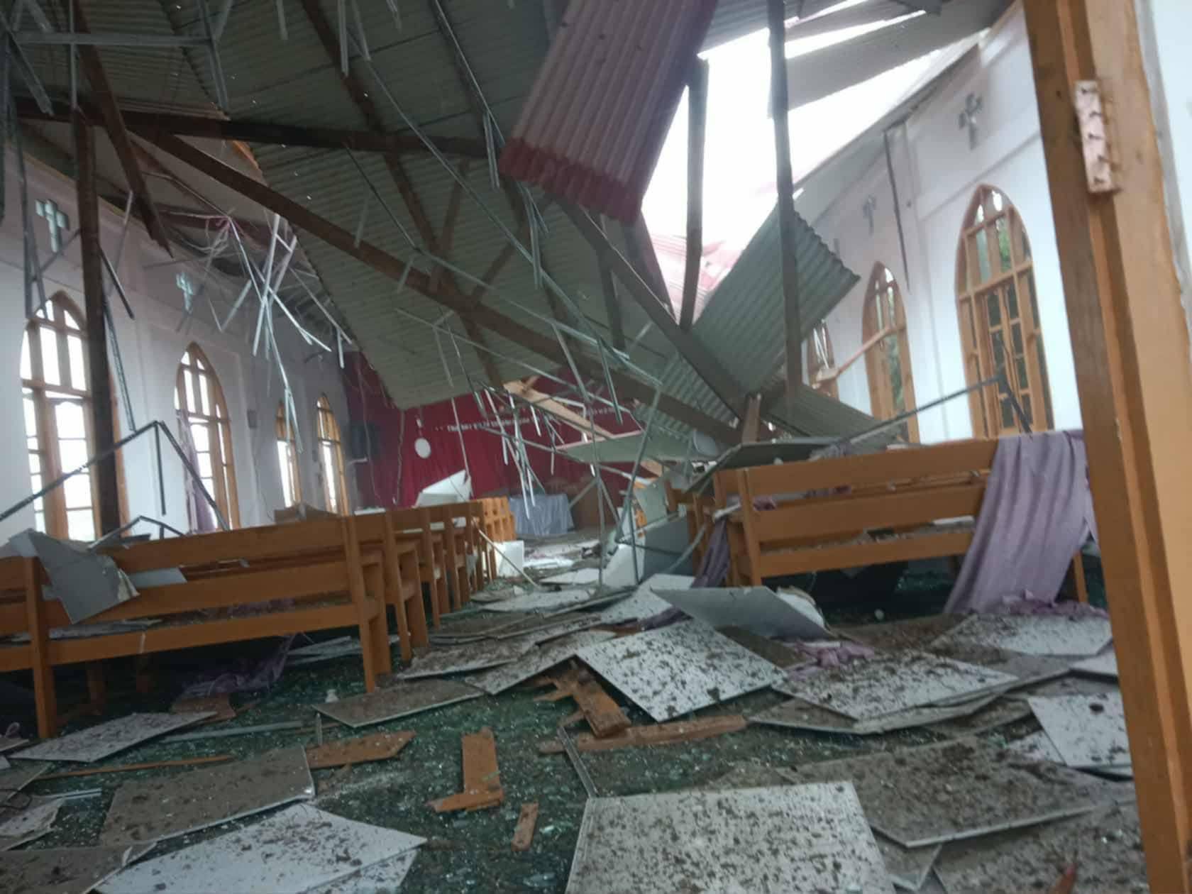 A church building damaged in Matupi township by SAC airstrikes on 12 October 2025 (Photo: Facebook/Matupi Times)