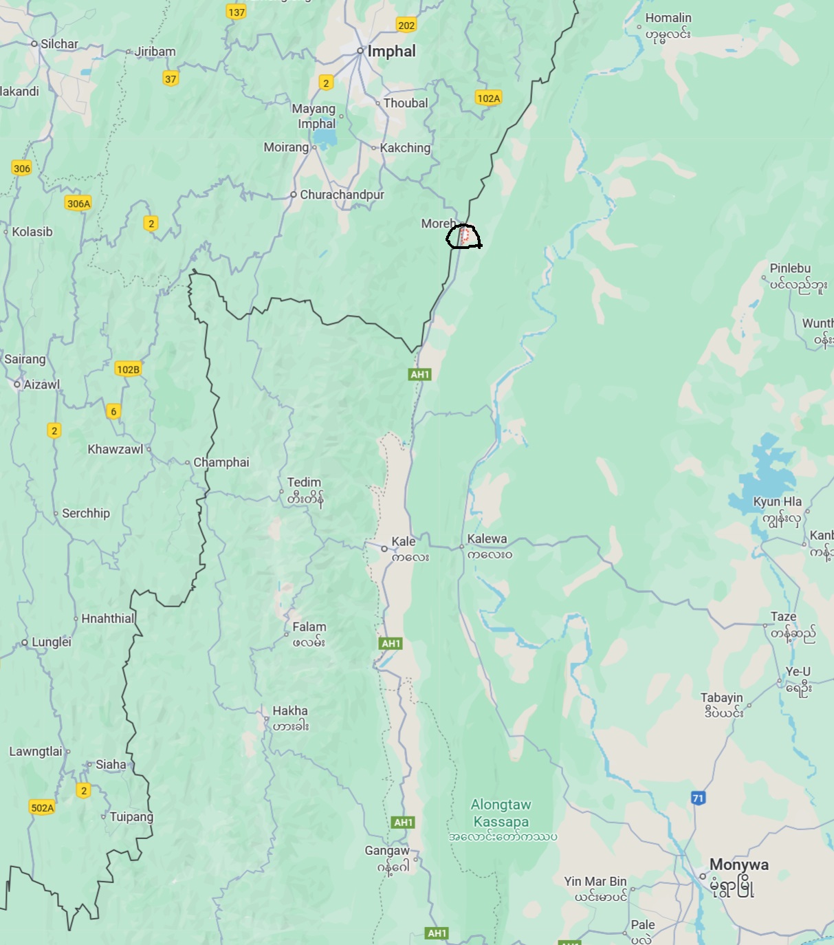 A Google map showing the location of Tamu town and township sharing an international border with India (Photo: Google Map)