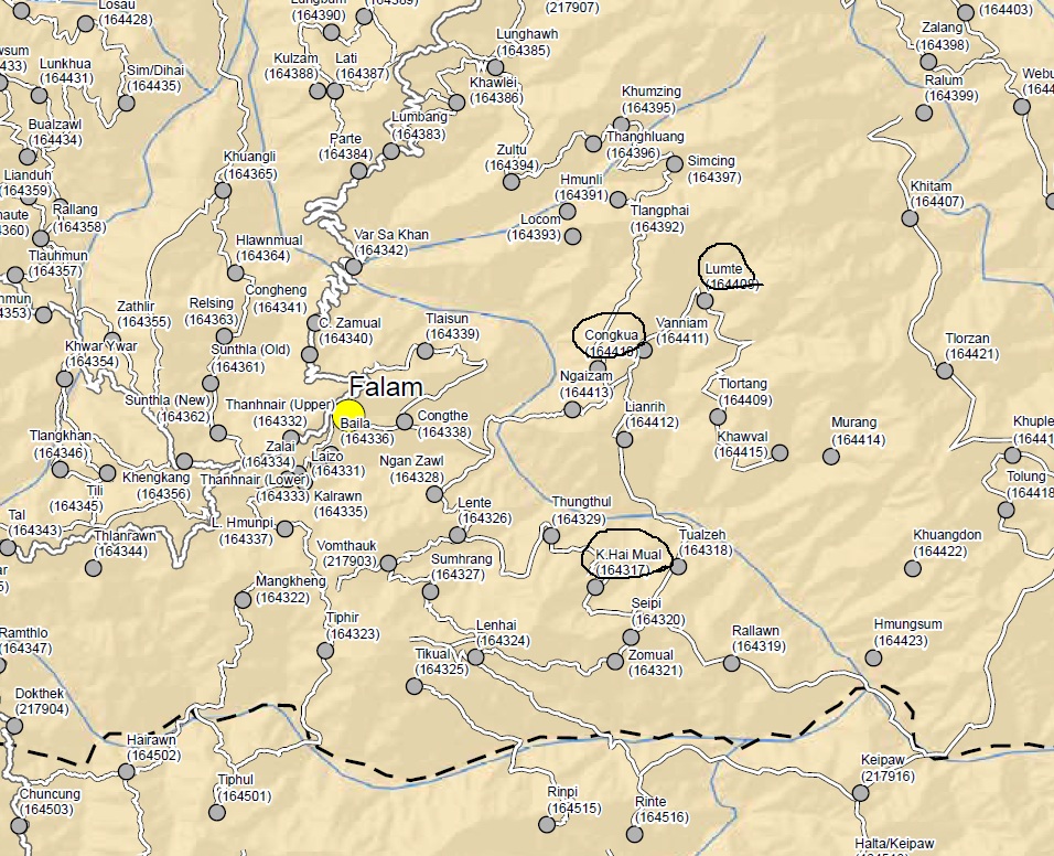 A map showing locations of Haimual, Lumte and Congkua villages in Falam Township (Photo: MIMU)