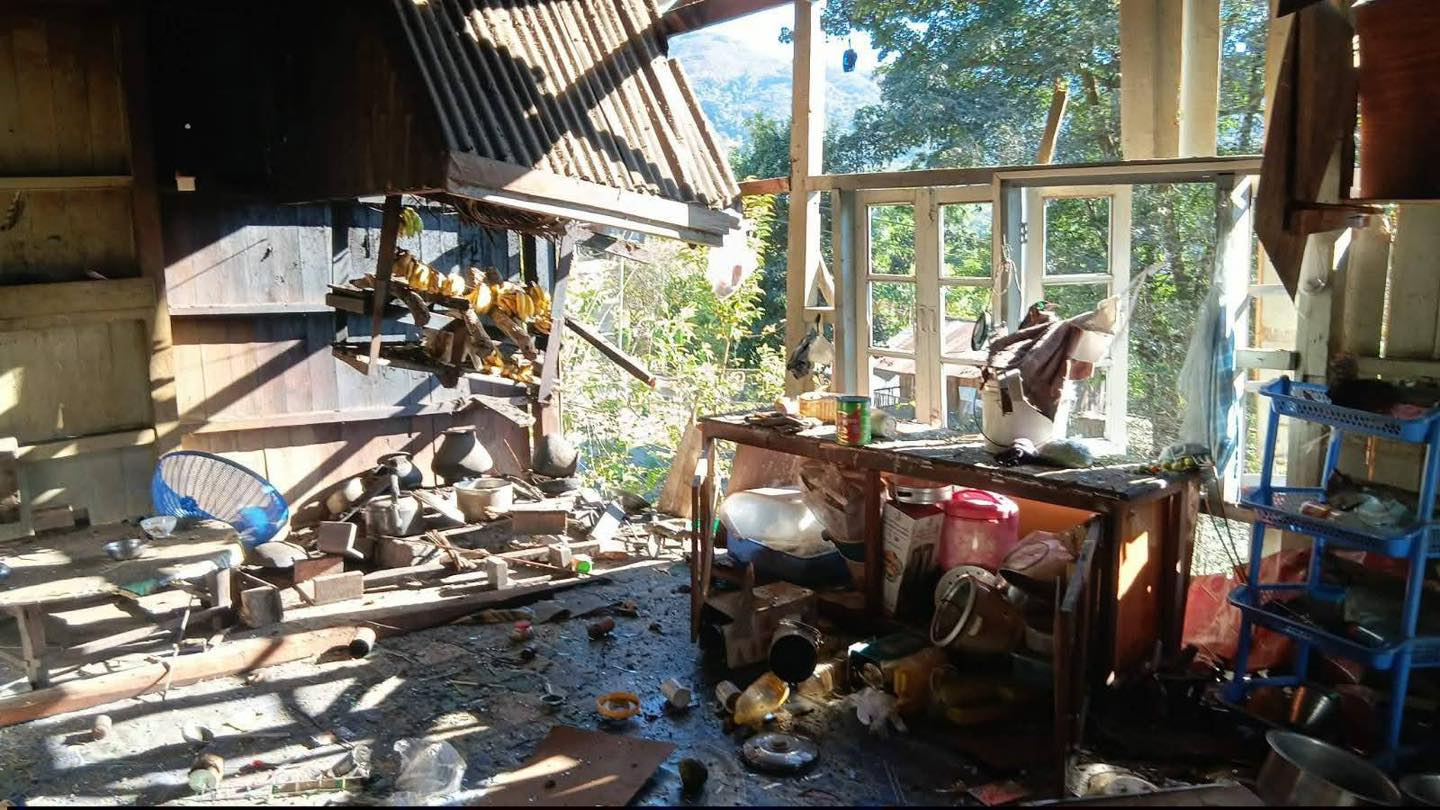 One of the civilian houses damaged by airstrikes in Tiphir and Zathlir villages in Falam township on 28 December 2025 (Photo: Facebook/The Rihli Voice)