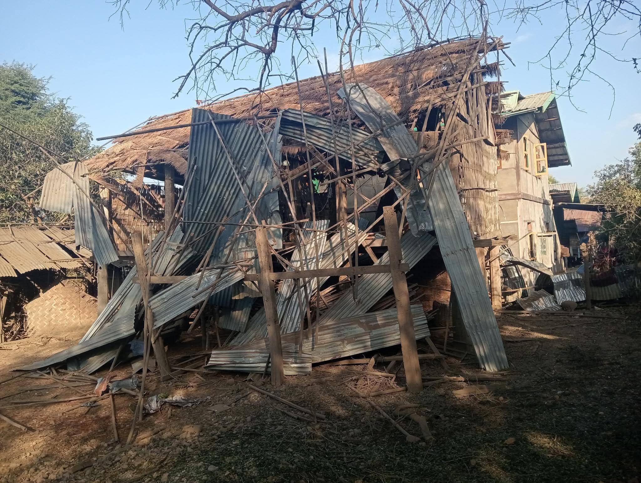 One of the civilian houses damaged by SSPC airstrikes in Taung Khin Yan village in Gangaw township (Photo: Facebook/Yaw Nyi Naung)