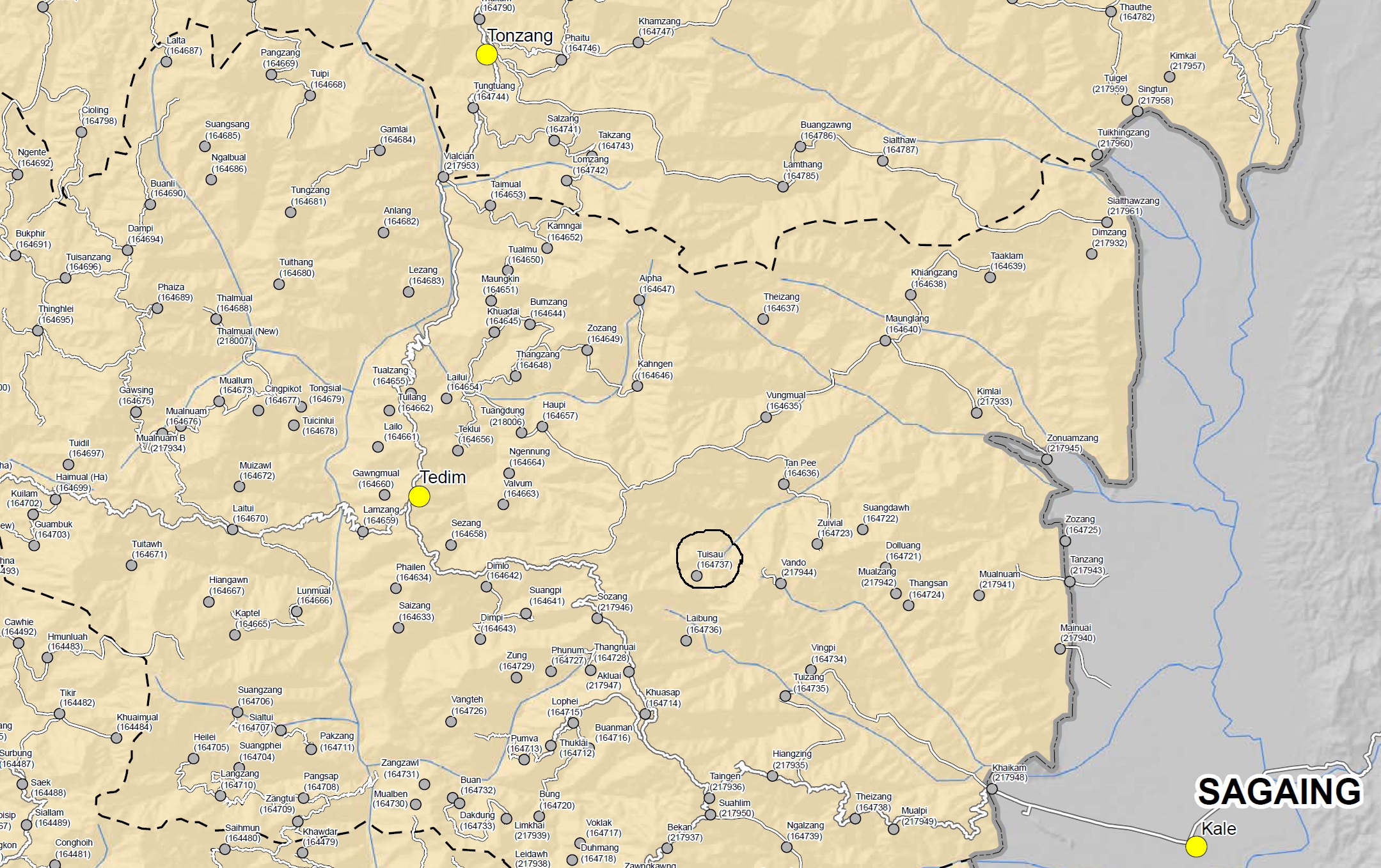 Location of Tuisau village, Tedim township in circle (Photo: MIMU)