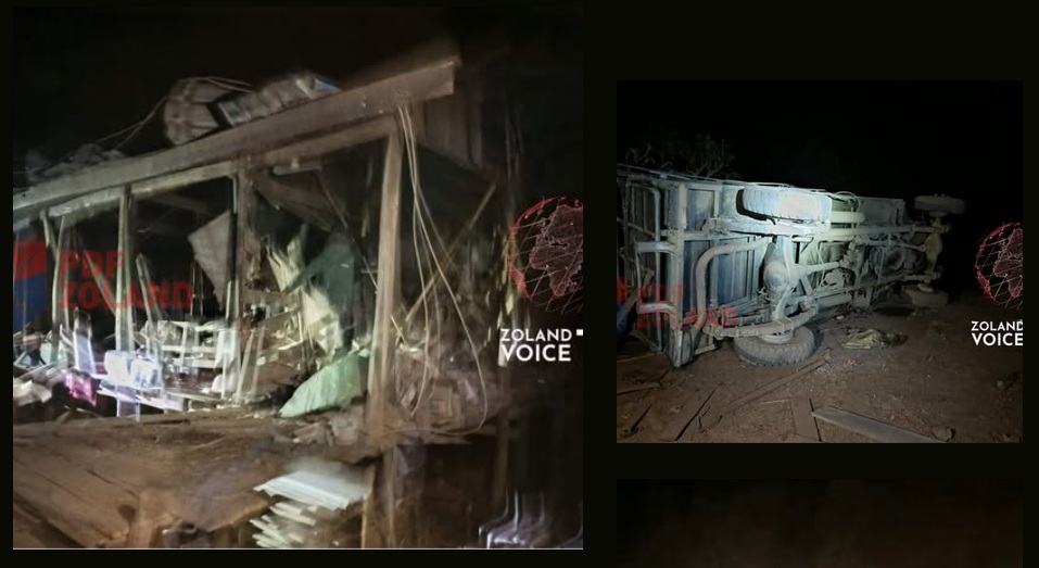 One of the civilian homes and a vehicle damaged by SSPC airstrikes in Zangzawl village, Tedim township (Photo: Facebook/PDF Zoland)