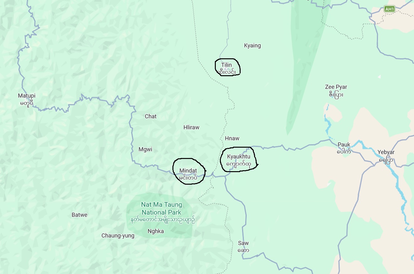 A Google map showing locations of Mindat, Htilin and Kyaukhtu (Photo: Google Map)