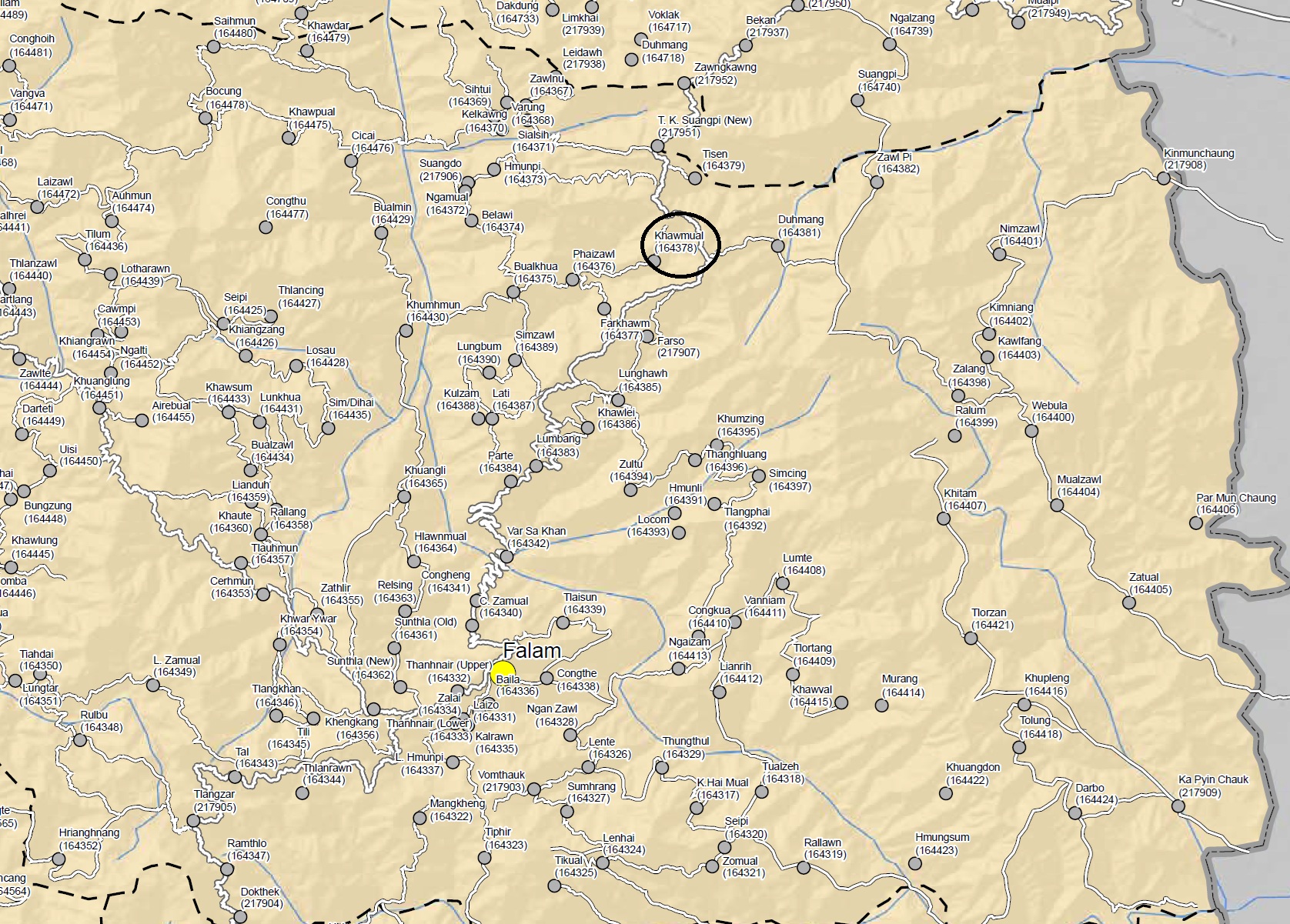 Location of Khuangmual village, Falam township (Photo: MIMU)