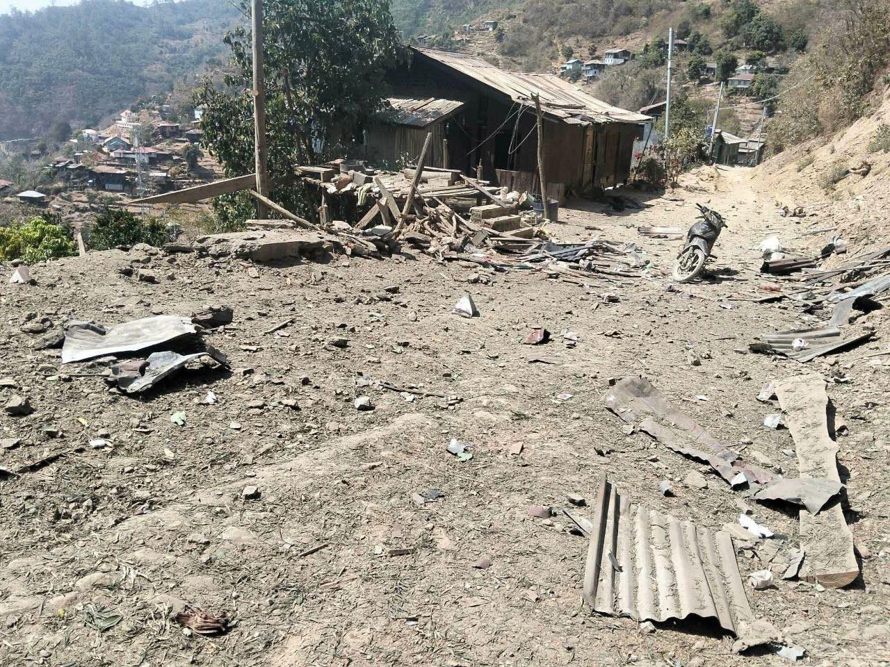Residential houses were destroyed by SSPC’s bombardment in Lumbang village, Falam township, Chin State (Photo: Facebook/Lungmili Post)