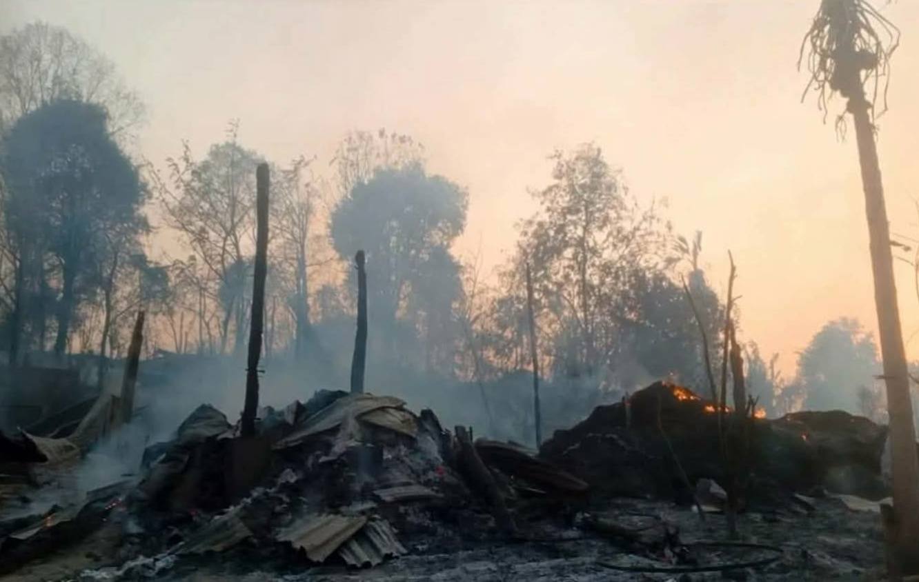 Homes of residents destroyed by artillery shelling carried out by SPPC forces in Dar Sam village, an Asho Chin village in Aunglan Township, Magway Region.(Photos above and below: Facebook/News and Information Collection in Aunglan Township)