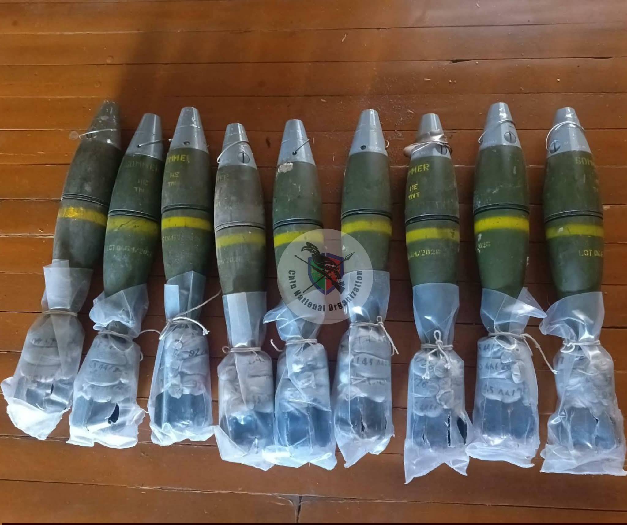 Nine 60mm mortar shells seized by Chin joint revolutionary forces in Falam township (Photo: Facebook/The Voice of Chinland)