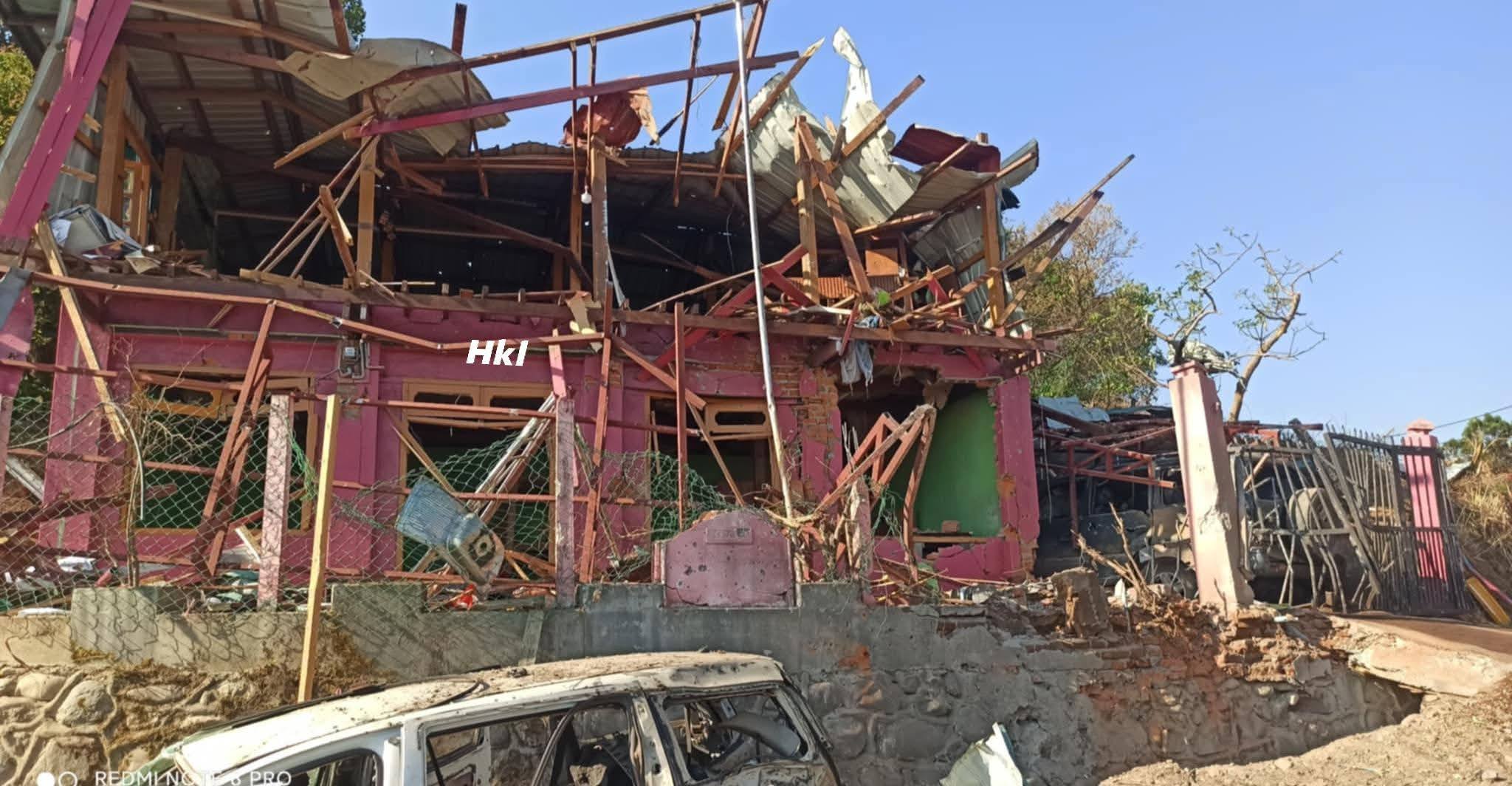 One of the houses and vehicles destroyed by SSPC airstrikes in Mindat town last night (Photo: Facebook/Hkl Mindat)