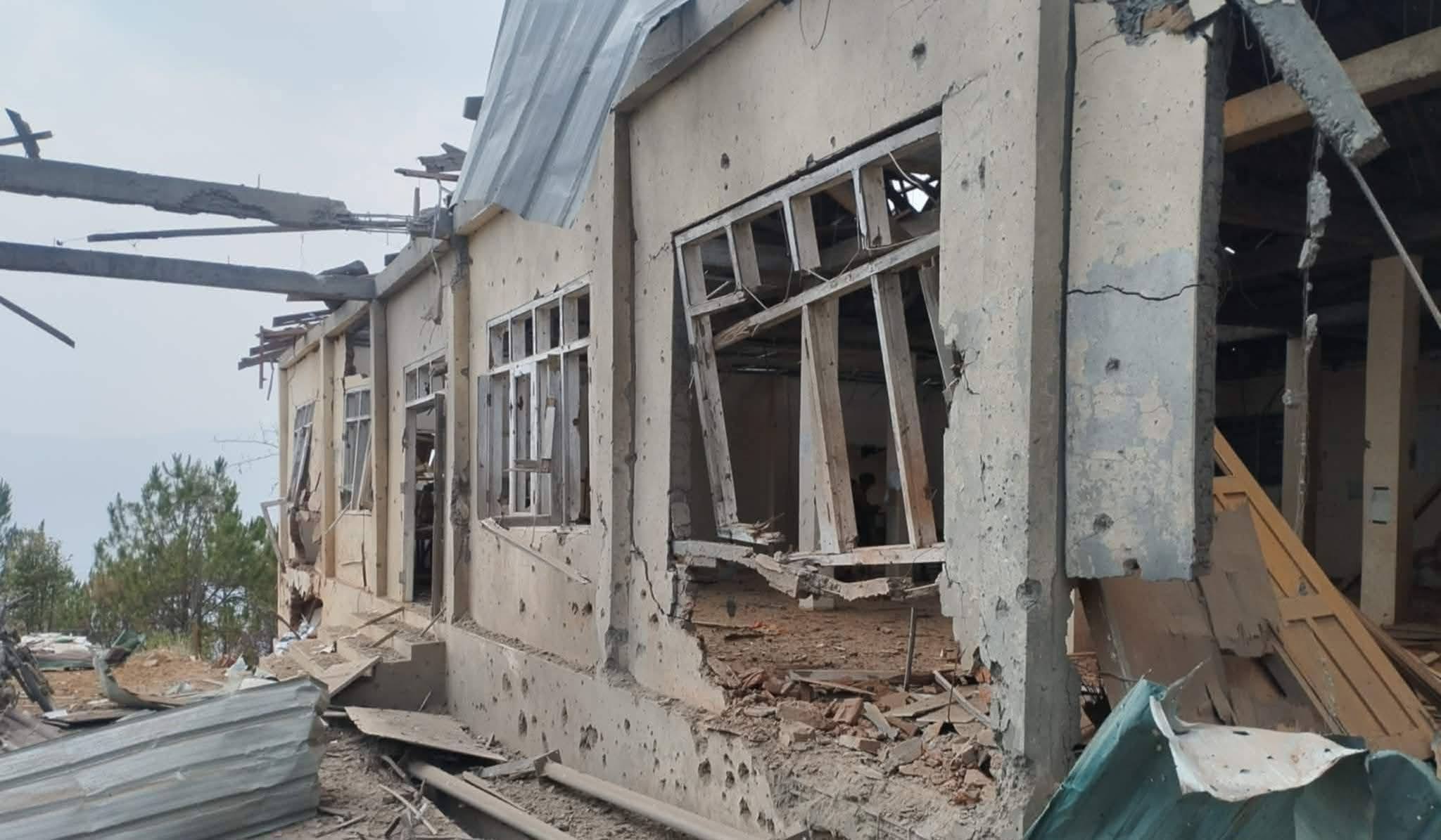 One of the buildings destroyed by SSPC airstrikes in Mindat town (Photo: Facebook/Khumiland News)