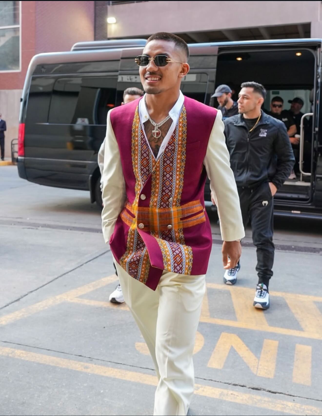 UFC Flyweight Champion Joshua Van arrives at the UFC 328 pre-fight press conference in Newark, New Jersey, wearing traditional Chin-inspired attire (Photo: Facebook/Chin World)