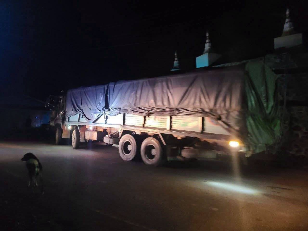 This image captures a truck carrying relief supplies sent by the SSPC military arrives in Falam town, Chin State (Photo: Facebook/The Surbung Times)