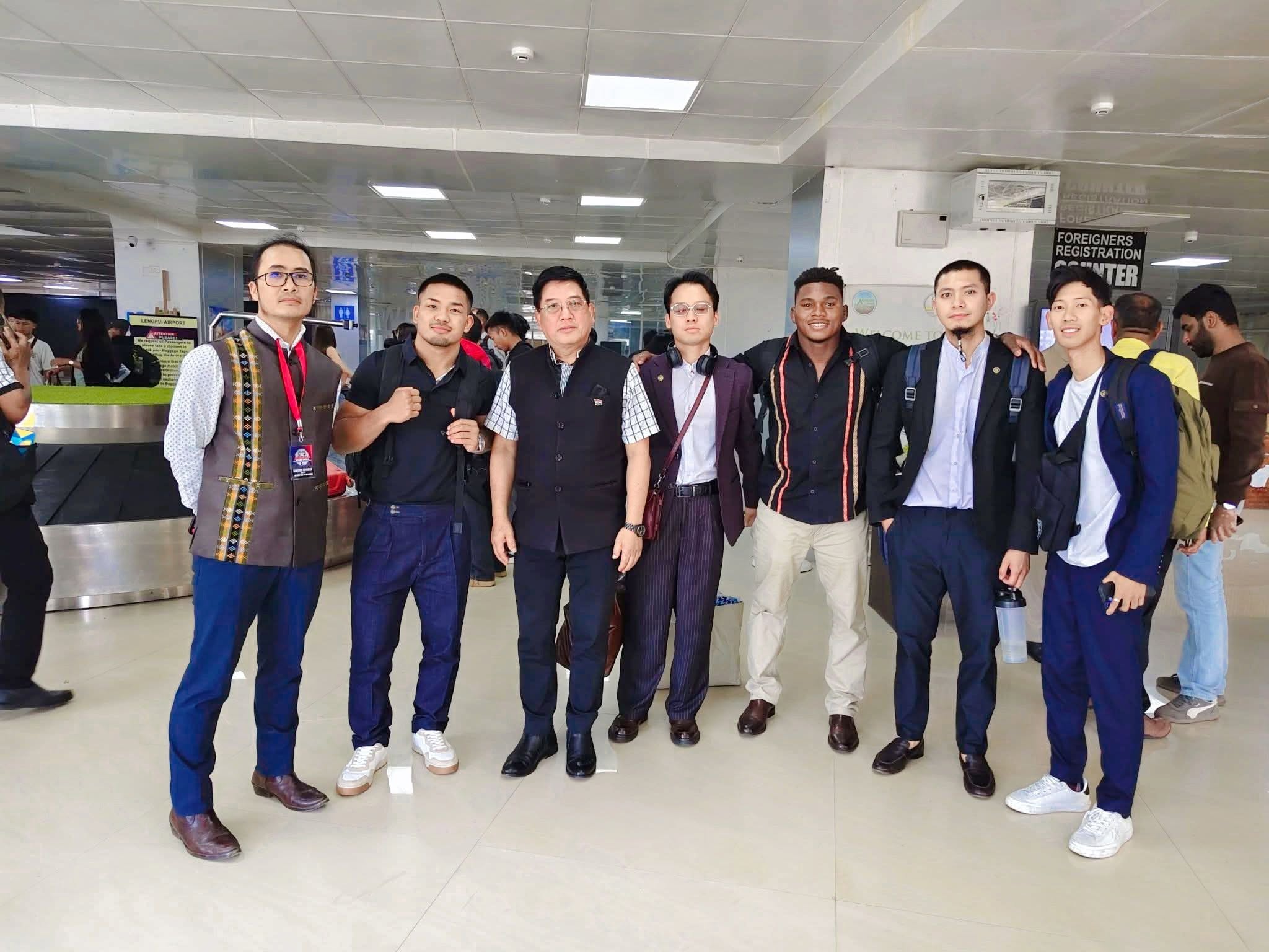 Joshua Van and his team members being welcomed at Lengpui Airport in Aizawl, Mizoram State (Photo: Facebook/Khonumthung Burmese)