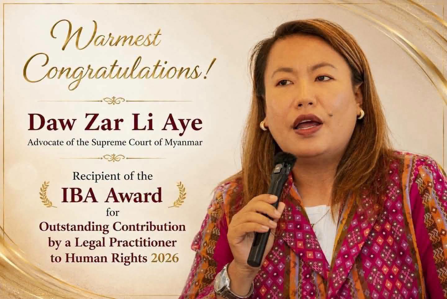 Chin Lawyer Mrs. Zar Li Aye, IBA Human Rights Award Winner (Photo: Facebook/Khumiland News)