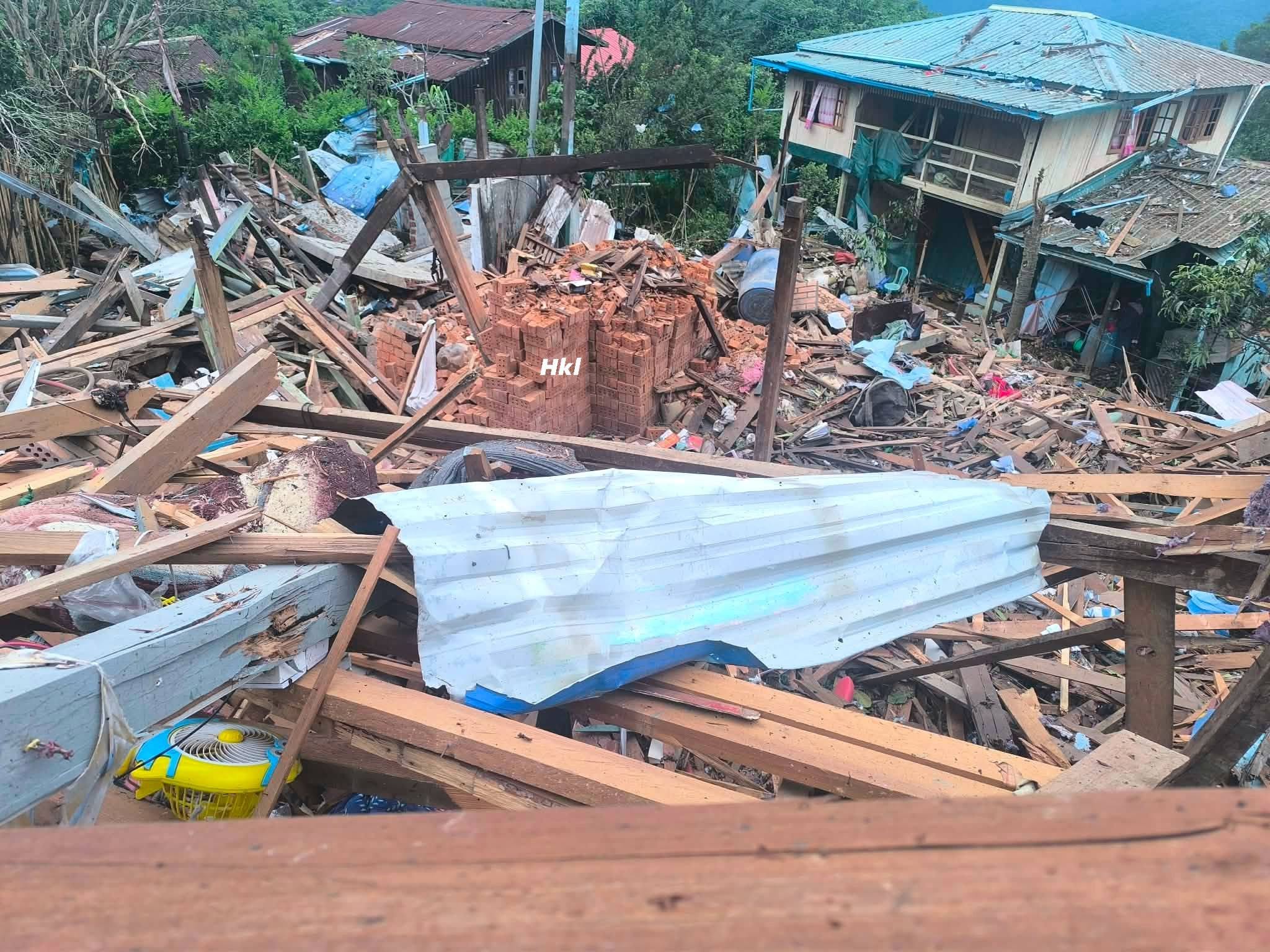 Civilian houses destroyed by SSPC airstrikes in Mindat town on 6 July 2026 (Photo: Facebook/Hkl Mindat)